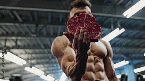 Muscular man showcases fresh steak in gym, emphasizing nutrition and fitness, highlighting the connection between diet and strength training. concept of carnivore