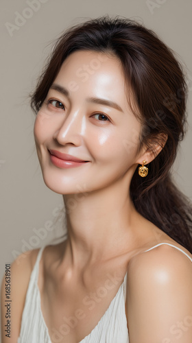 Portrait of a Korean woman with a warm smile showcasing natural beauty in a neutral setting