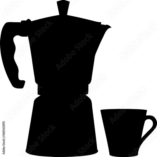 Silhouette of Moka Pot Coffee Maker Beside Small Cup, Black Moka Pot with Espresso Cup Vector, Solid Coffee Maker and Mug Silhouette, Italian Stovetop Coffee Pot Icon