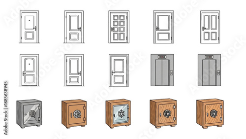 Door type icons Collection in linear style Home entrance doors, classic interior doors, elevators and wooden or glass safes Simple design vector illustration on white background