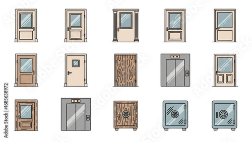 Door type icons Collection in linear style Home entrance doors, classic interior doors, elevators and wooden or glass safes Simple design vector illustration on white background