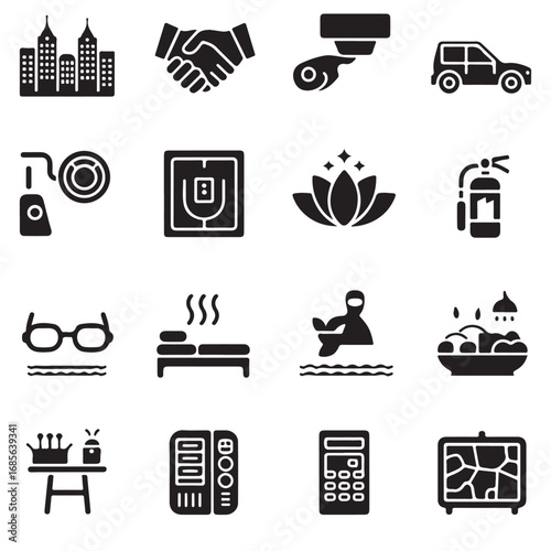 Collection of diverse business and lifestyle icons representing various concepts and services in a clean black and white graphic style