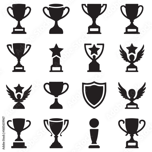 Collection of diverse trophy icons representing achievement success and victory in various award ceremonies and competitions