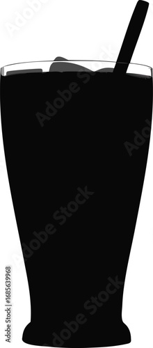 Silhouette of Tall Glass of Iced Coffee with Straw Vector, Iced Coffee Glass Silhouette Vector, Cold Coffee Drink Solid Black, Iced Latte Silhouette Illustration