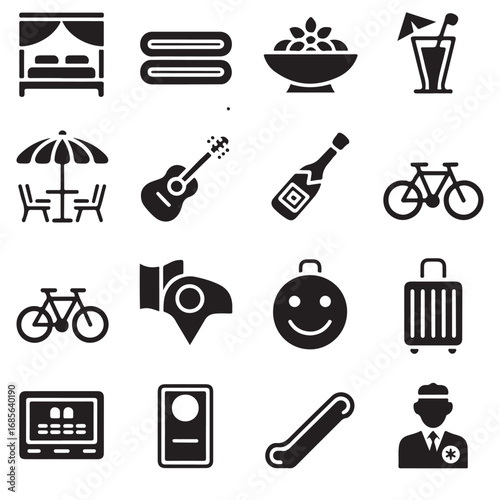 Collection of flat design icons representing travel vacation and leisure activities for hotel and resort services