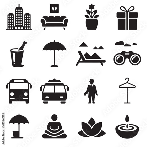 Collection of diverse vector icons representing travel leisure business and lifestyle elements for graphic design and web applications