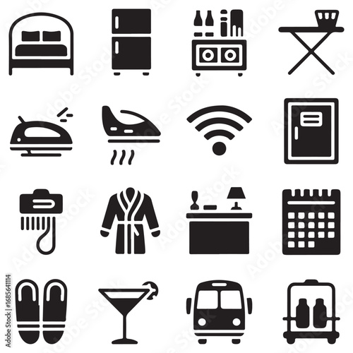 Collection of hotel amenities icons representing comfort and services for travelers and guests