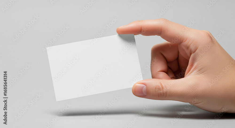 Obraz premium A hand holding a blank white business card or credit card against a light grey background, ready for customization.