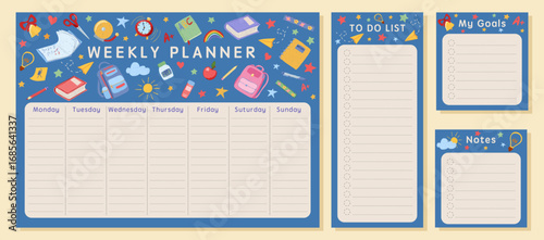 Weekly planner set with to do list, goals, notes templates. Doodle school supplies, stationery on dark blue background. Vector hand drawn childlike illustration for kids, students