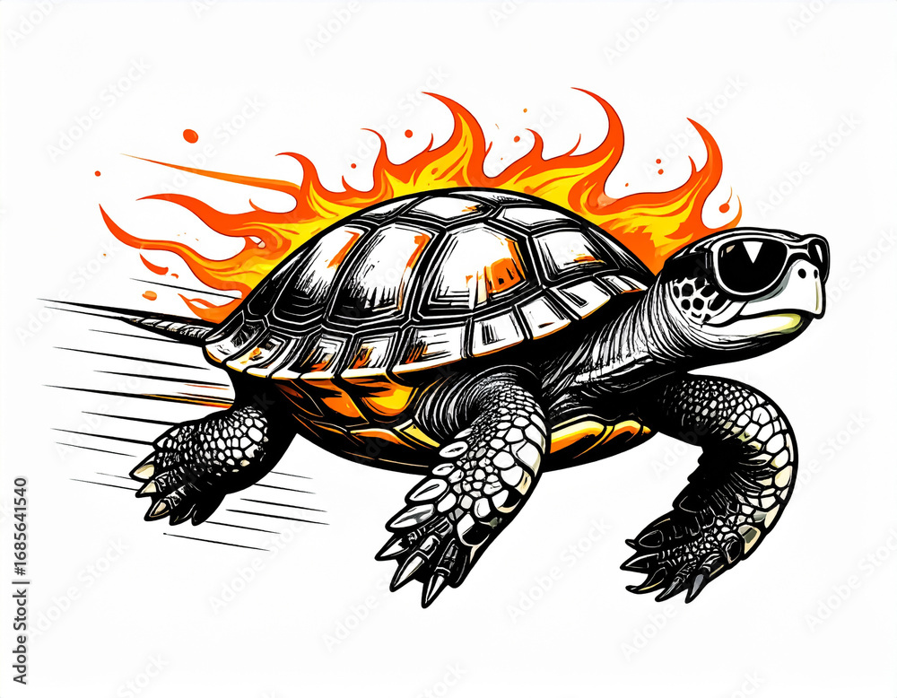 Fototapeta premium Sketch of a Racing Turtle in Flames, Showing Speed and Momentum