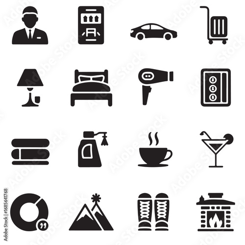 Collection of hotel and travel icons representing services and amenities for guests and travelers