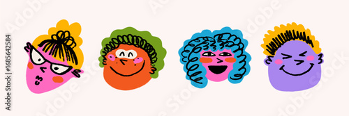 Emoji crayon face doodle set with colorful cartoon heads and playful smiles i...