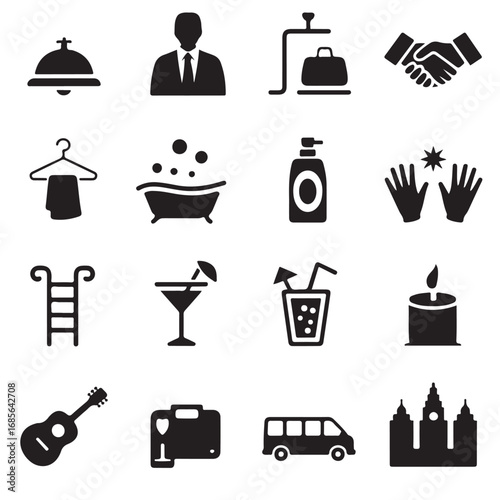 Collection of hotel and travel service icons representing hospitality amenities and guest experiences for tourism and accommodation concepts