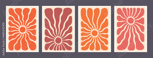 Retro sun or flower art poster set in red and orange tones with bold organic ...