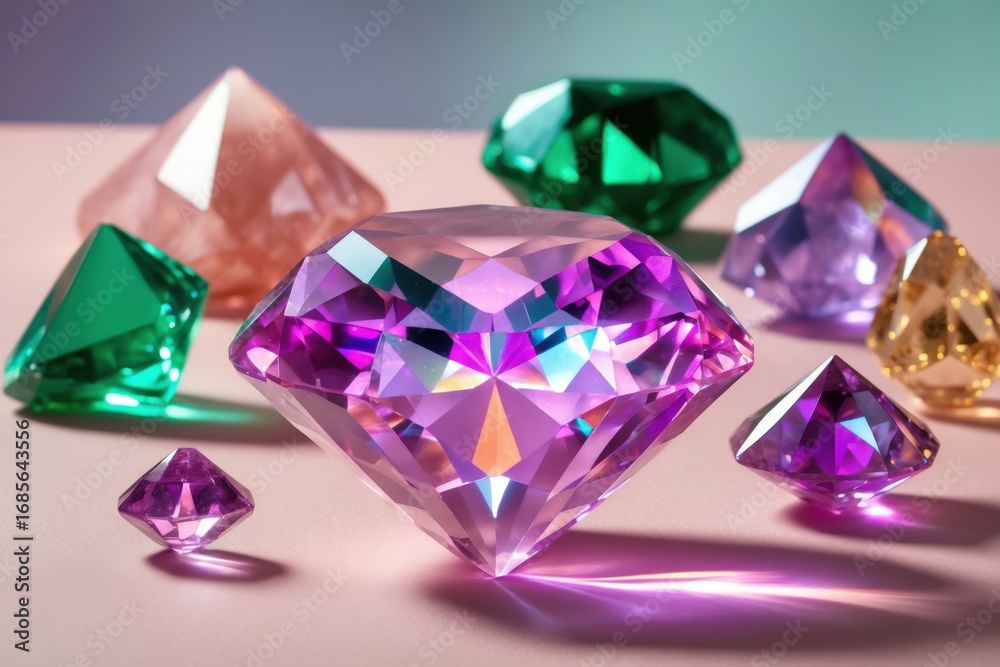 Fototapeta premium Sparkling gems in various colors arranged on a soft surface under soft lighting