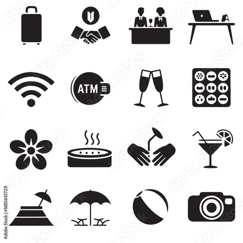 Collection of modern flat design icons representing travel hospitality and leisure activities for hotel and resort services
