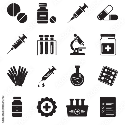 Collection of medical and healthcare icons representing pharmaceuticals laboratory equipment and medical supplies