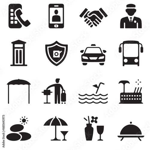 Collection of modern flat icons representing business travel hospitality services and leisure activities