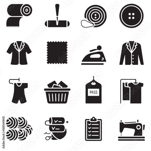 Collection of sewing and tailoring icons representing fabric clothing tools and laundry for fashion design and garment creation