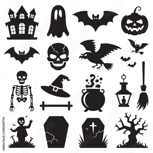 Collection of silhouetted halloween icons including haunted house ghost bat pumpkin skull skeleton witch hat cauldron and spooky tree