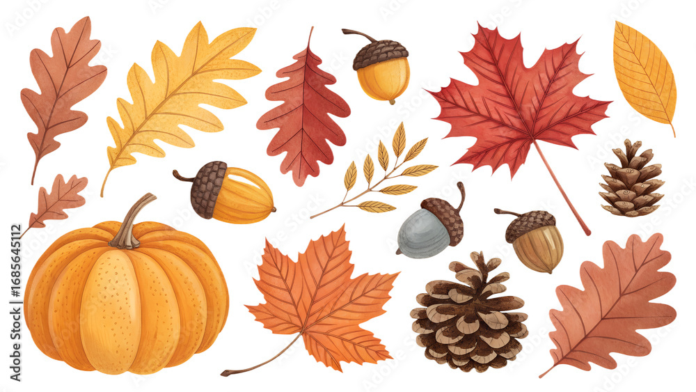 Fototapeta premium Autumn leaves PNG set with red, orange, and yellow leaves, pumpkins, acorns, pinecones, isolated on transparent background