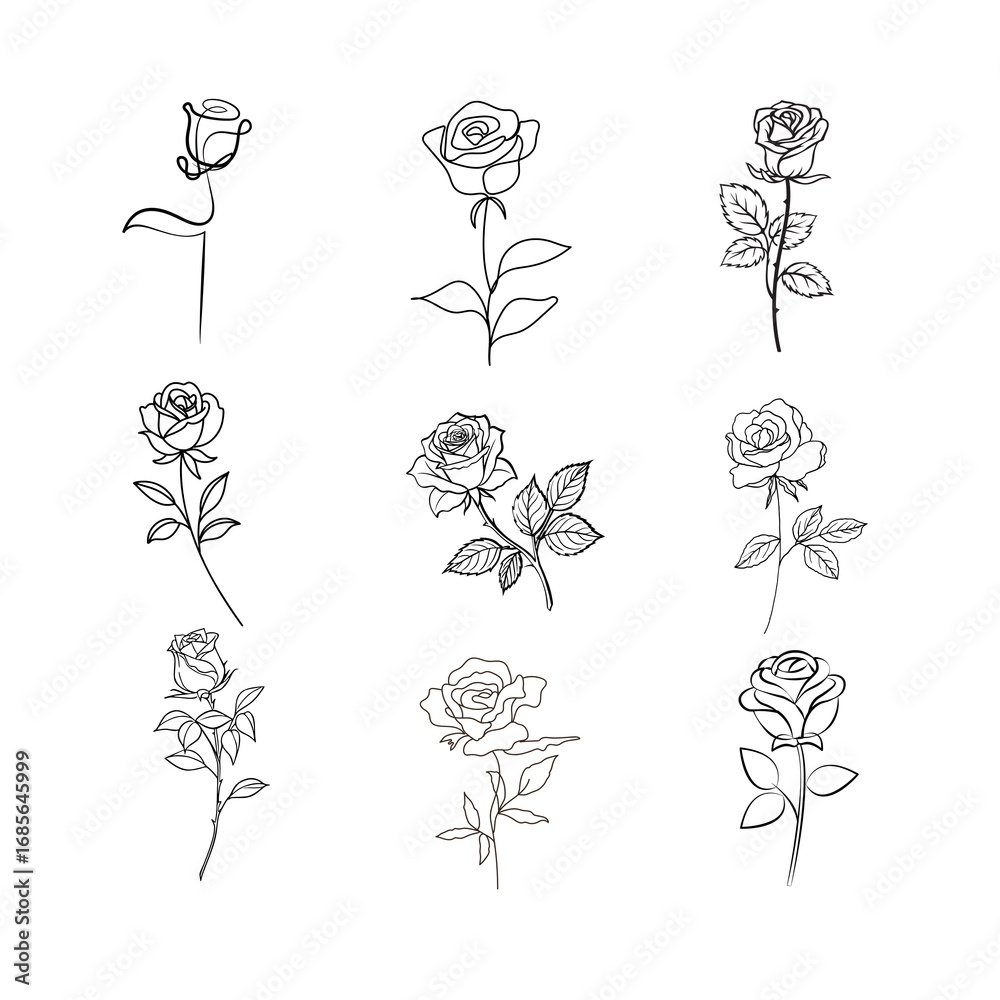 Fototapeta premium Rose Line Art Illustrations - Collection of Hand-Drawn Rose Sketches