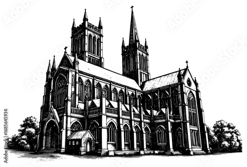 Gothic cathedral in woodcut style in black and white