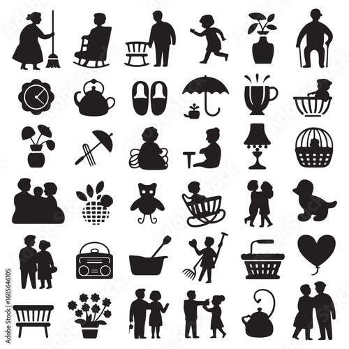 Collection of silhouette icons representing family life leisure activities and domestic scenes