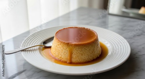 Delicious Caramel Custard Dessert Served on White Plate with Spoon