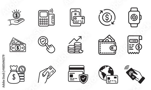 Digital Payment Icons Set Money, Finance and Banking Line Illustrations