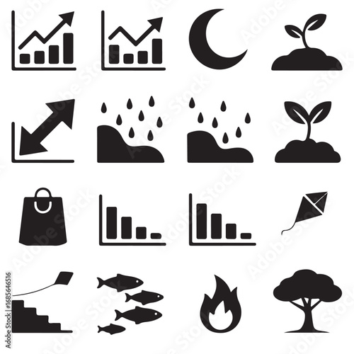 Collection of silhouette icons representing growth decline finance nature weather and business concepts
