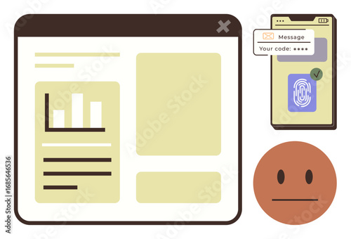Browser window with analytics, smartphone showing fingerprint and OTP verification, neutral face. Ideal for data security, authentication, technology, privacy, access control, cyber safety simple