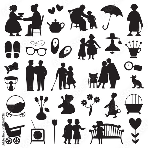 Collection of silhouette illustrations depicting family life moments and everyday objects in a whimsical style