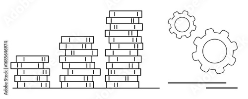 Stacked coins increase in height alongside interlocking gears, symbolizing financial growth, business strategies, and system efficiency. Ideal for finance, business, wealth, optimization, economy