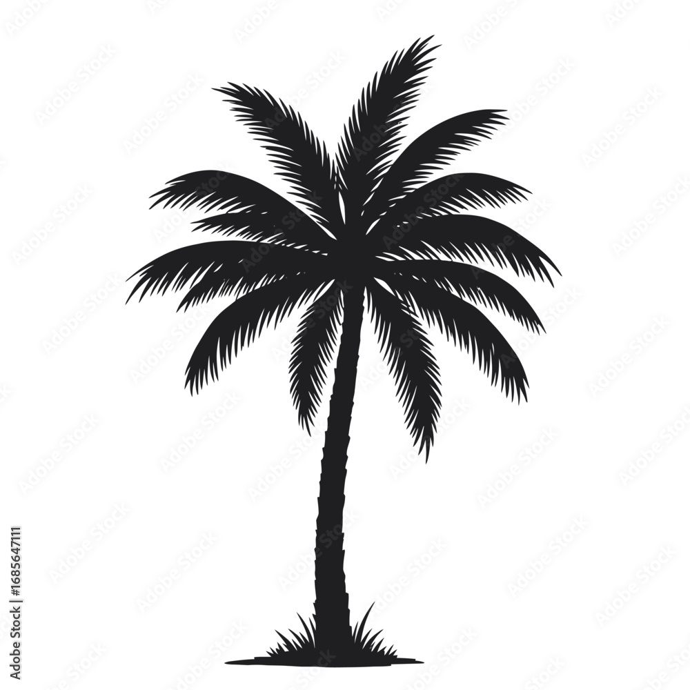 Obraz premium Palm tree silhouette illustration with arching fronds on a white background. EPS 10.