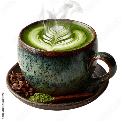 Matcha Latte with Art, isolated on transparent background
