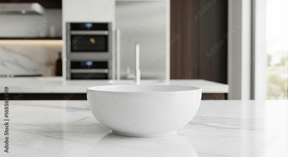 Fototapeta premium A clean white bowl sits on a marble countertop in a modern kitchen with stainless steel appliances.
