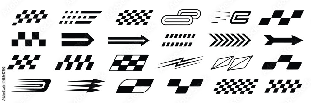 Fototapeta premium Racing Stripes and Checkered Flags Vector Set – Includes Finish Line Graphics, Motocross Labels, Dynamic Speed Lines, Sport Decals, and Vehicle Tuning Stickers for Motorsport Illustration Projects