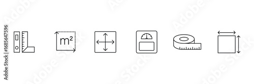 Measure line icons. Measurement, scale, size, ruler, gauge, dimension, temperature and more. Outline icon. Vector illustration.