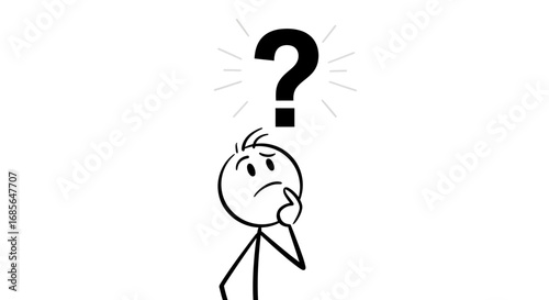 Confused Stickman Vector with Question Mark, Minimalist Thinking Concept Illustration