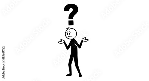 Confused Stickman Vector with Question Mark, Minimalist Thinking Concept Illustration