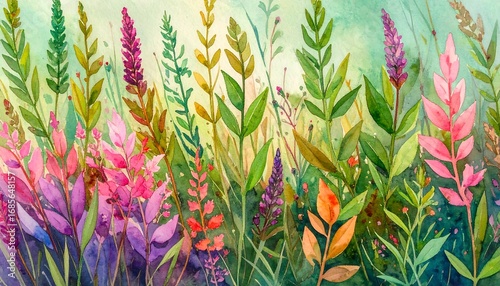 Fototapeta Naklejka Na Ścianę i Meble -  Watercolor field of vibrant wildflowers