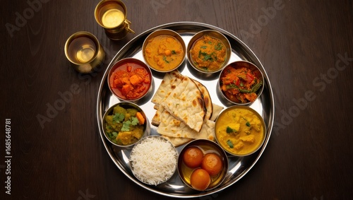 Delicious Indian Thali Meal Featuring Curries Rice Naan And Sweet Dessert Isolated On White Background
