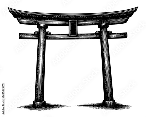 Japanese torii gate illustration in woodcut style, black and white, representing a Shinto shrine entrance