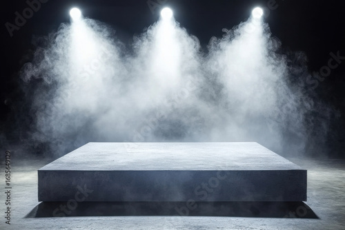 Empty concrete podium illuminated by three spotlights surrounded by dense smoke in dark setting. Dramatic scene for product display or event concept.