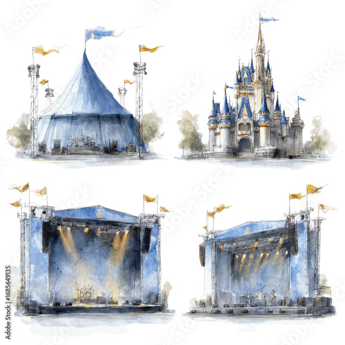 Watercolor Illustrations of Concert Stages and