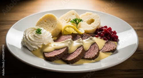 Traditional Czech Svíčková Dish with Beef Sirloin Dumplings and Cranberries Sauce