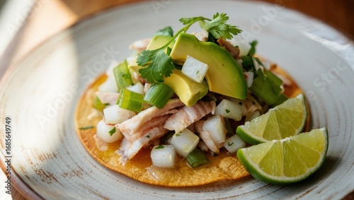 Delicious Fresh Fish Ceviche Tostada Topped with Creamy Avocado Cilantro and Lime