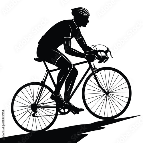 Cyclist riding uphill on road bike silhouette on a white background. EPS 10.