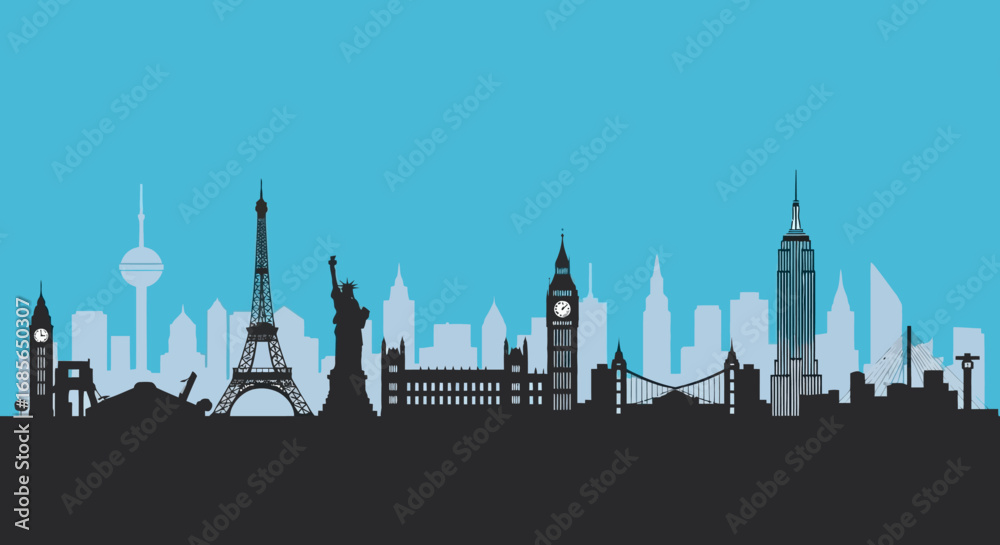 Fototapeta premium Silhouette of famous world landmarks and global cityscapes for travel and tourism concepts